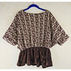 VOY Womens Peplum Shirt Large‎ Chocolate Brown Velvet Boho Retro Art Abstract